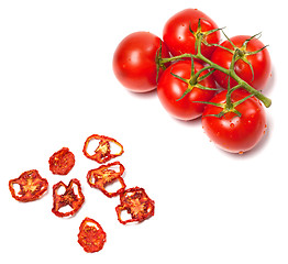 Image showing Fresh ripe and dried tomatoes slices