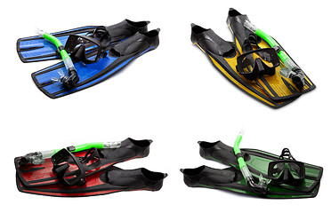 Image showing Set of multicolor swim fins, mask and snorkel for diving on whit