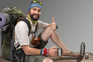 Image showing Portrait of a smiling male fully equipped tourist 