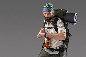 Image showing Portrait of a male fully equipped tourist 