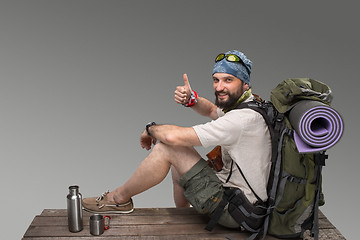 Image showing Portrait of a smiling male fully equipped tourist 