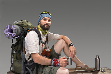 Image showing Portrait of a smiling male fully equipped tourist 