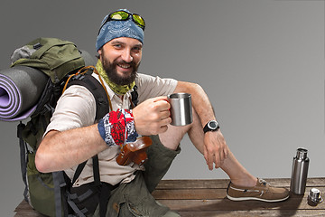 Image showing Portrait of a smiling male fully equipped tourist 