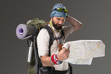 Image showing Portrait of a male fully equipped tourist 