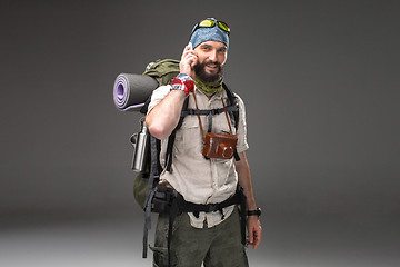 Image showing Portrait of a male fully equipped tourist 