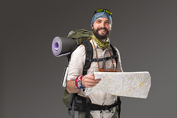 Image showing Portrait of a male fully equipped tourist 