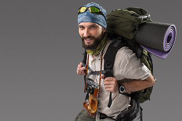 Image showing Portrait of a male fully equipped tourist 