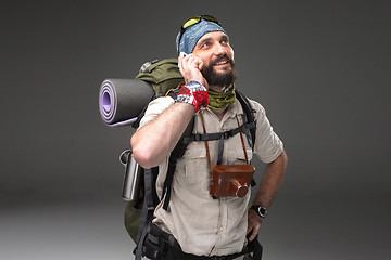 Image showing Portrait of a male fully equipped tourist 