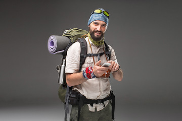 Image showing Portrait of a male fully equipped tourist 