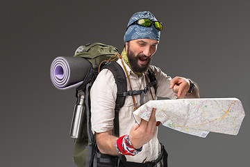 Image showing Portrait of a male fully equipped tourist 