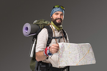 Image showing Portrait of a male fully equipped tourist 