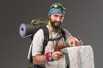 Image showing Portrait of a male fully equipped tourist 