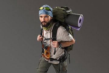 Image showing Portrait of a male fully equipped tourist 