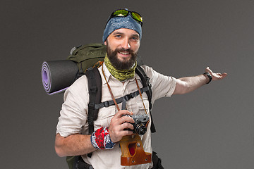 Image showing Portrait of a smiling male fully equipped tourist 