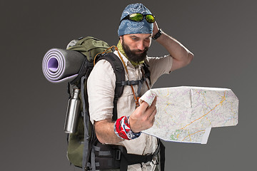 Image showing Portrait of a male fully equipped tourist 