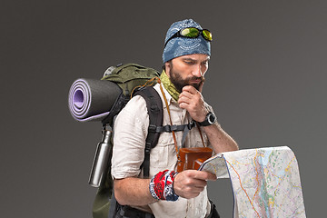 Image showing Portrait of a male fully equipped tourist 