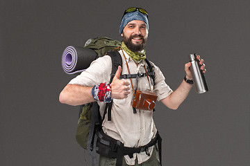 Image showing Portrait of a smiling male fully equipped tourist 