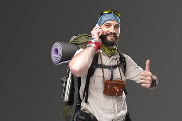 Image showing Portrait of a male fully equipped tourist 