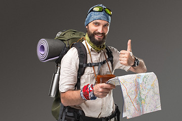 Image showing Portrait of a male fully equipped tourist 