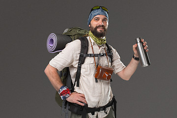 Image showing Portrait of a smiling male fully equipped tourist 