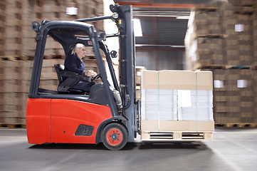 Image showing Worker Transporting Stock On Forklift