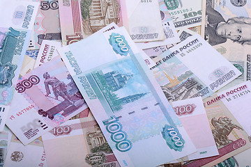 Image showing Dollars, euros, russian roubles - Money of the world