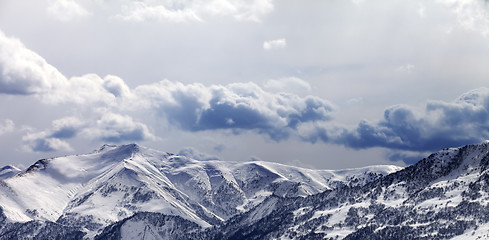 Image showing Panoramic view on mountains in evening and cloudy sky