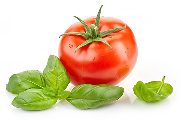 Image showing fresh tomato and basil leaf