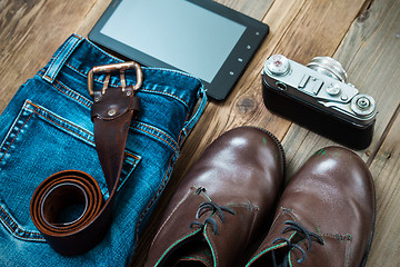 Image showing Set for the traveler with a digitizer, rangefinder camera, blue 