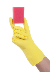 Image showing Mans hand in rubber glove with sponge isolated