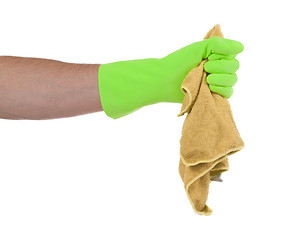 Image showing Hand wearing rubber glove and hold rag(mop)