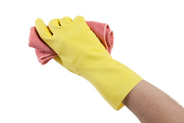 Image showing Hand wearing rubber glove and hold rag(mop)