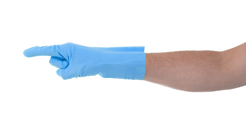 Image showing Hand in an cleaning glove making a directional sign