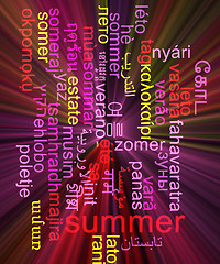 Image showing Summer multilanguage wordcloud background concept glowing