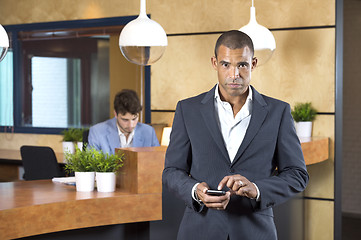 Image showing Businesswoman Holding Cellphone At Reception Desk