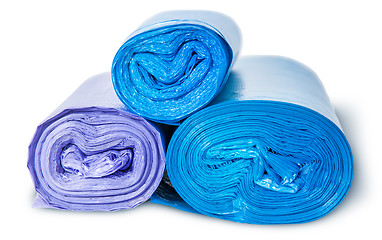 Image showing Three rolls of plastic garbage bags top and front view