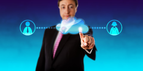 Image showing Smiling Businessman Contacting Workers Via Cloud