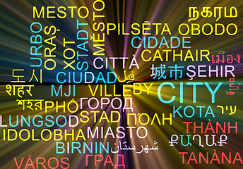 Image showing City multilanguage wordcloud background concept glowing