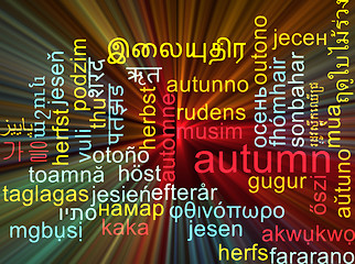 Image showing Autumn multilanguage wordcloud background concept glowing