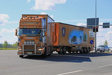 Image showing Scania Trailer Truck with James Bond Theme in Traffic