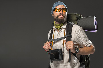 Image showing Portrait of a male fully equipped tourist 