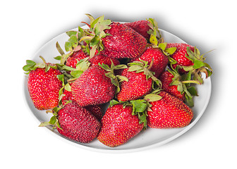 Image showing Front and top pile of fresh strawberries on white plate