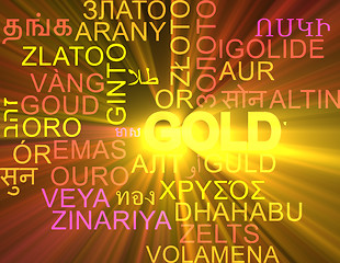 Image showing Gold multilanguage wordcloud background concept glowing