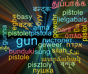 Image showing Gun multilanguage wordcloud background concept glowing