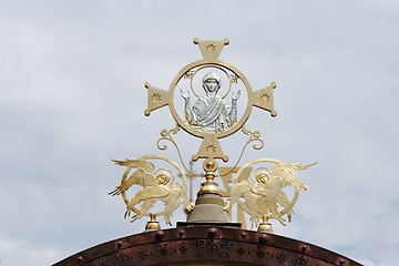 Image showing Cross on Orthodox church with Mother Mary and two angels on cloudy sky background