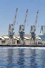 Image showing Row of cranes and their reflections in the sea in Eilat harbor, Israel