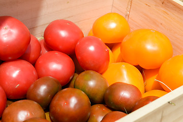 Image showing red and yellow tomatoes in wooden crates