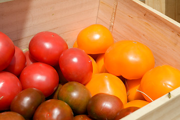 Image showing red and yellow tomatoes in wooden crates