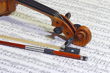 Image showing Violin head and bow