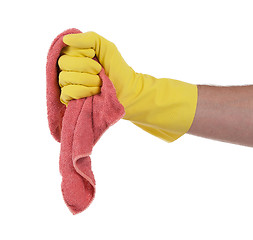 Image showing Hand wearing rubber glove and hold rag(mop)